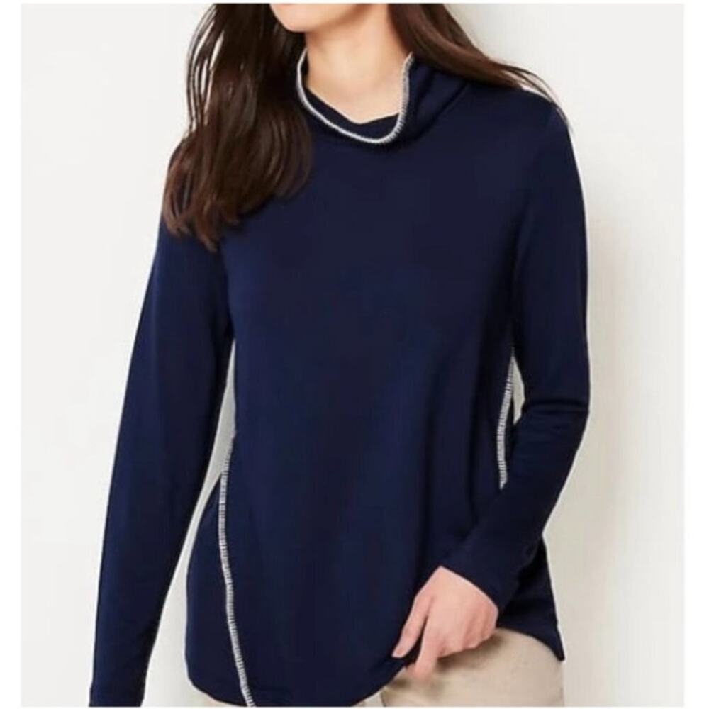 J Jill Pure Jill Tranquility Fleece Whipstitched Mock Neck Navy Blue Top  XL